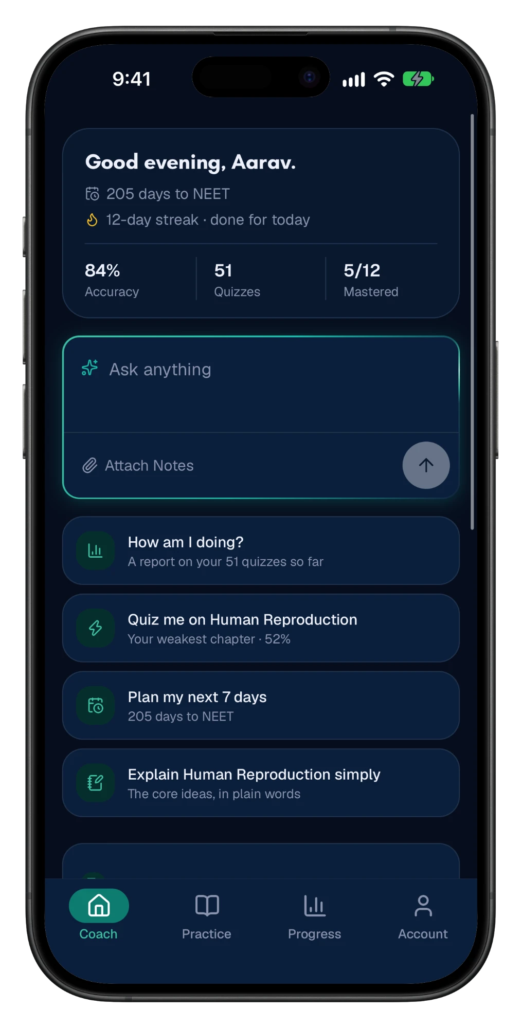 GyaanLoop Study Coach on an iPhone: a greeting with a 12-day streak, 84% accuracy and 5 of 12 chapters mastered, above a box to ask any doubt.